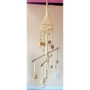 Vintage Macrame Baby Mobile Baby Decor W/Vintage Wood Disney Blocks & Beads 40”